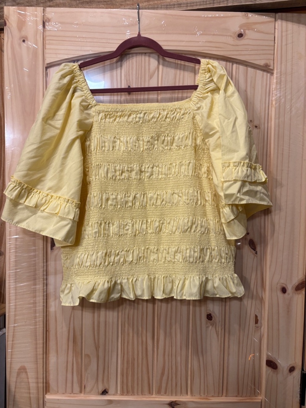 Yellow Smocked Peasant Top with Ruffled Sleeves
